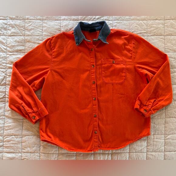 Urban Outfitters BDG Orange Button Down Top w/ Blue Denim Collar - Medium - Picture 1 of 9